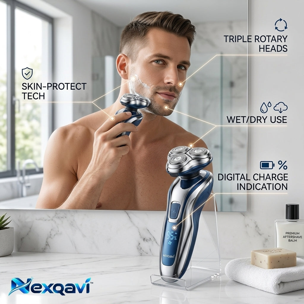 Nexqavi™ Electric Shaver for Men – Triple Rotary Head Cordless Razor with Skin-Protect Tech, Wet & Dry Waterproof Grooming, Smart Digital LED Battery Display & Acrylic Stand