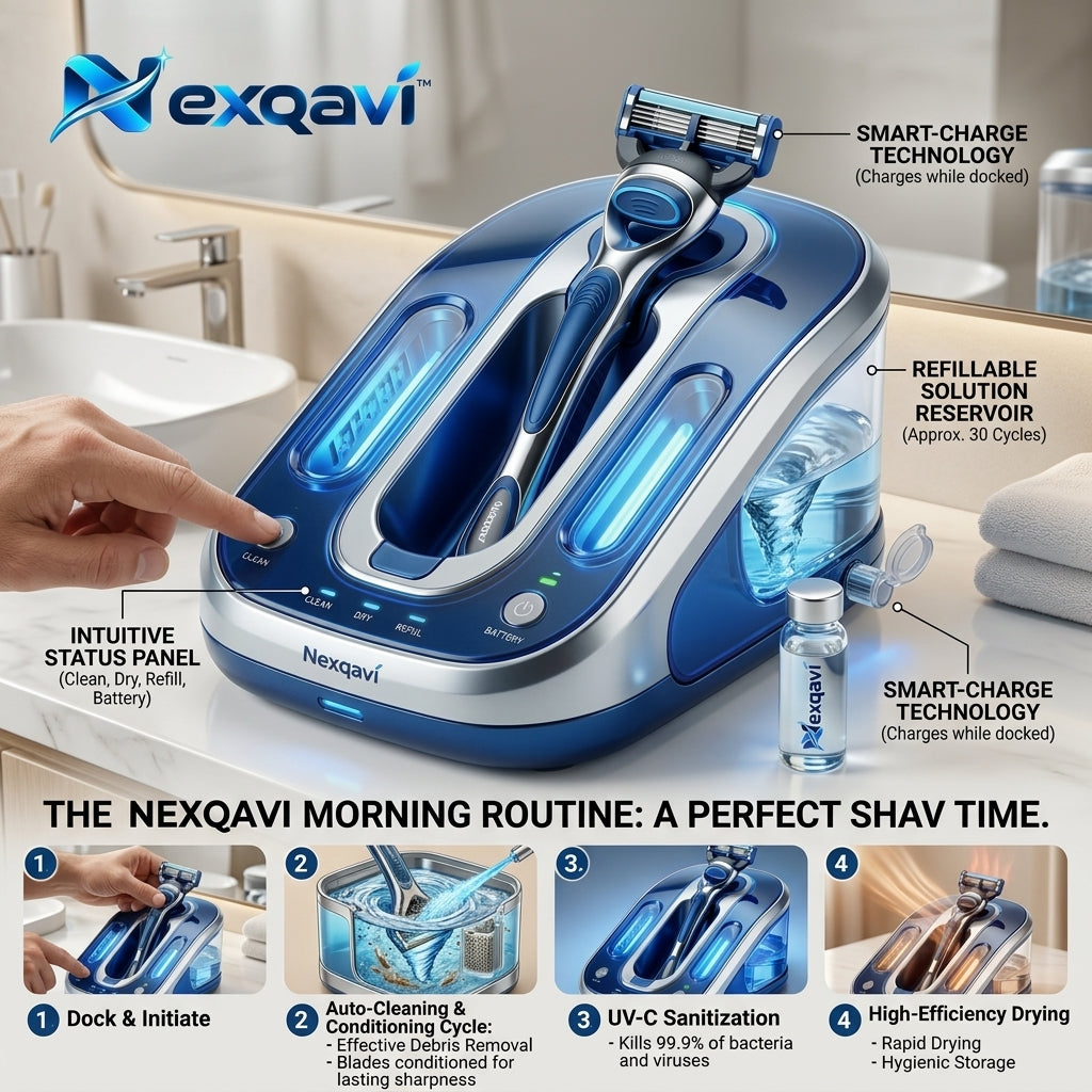 Nexqavi™ SmartClean Station – All-in-One Razor Sanitizer, Auto-Cleaning & Quick Drying Dock with UV-C Sterilization, Refillable Reservoir & Smart-Charge Technology for Modern Shaving Razors