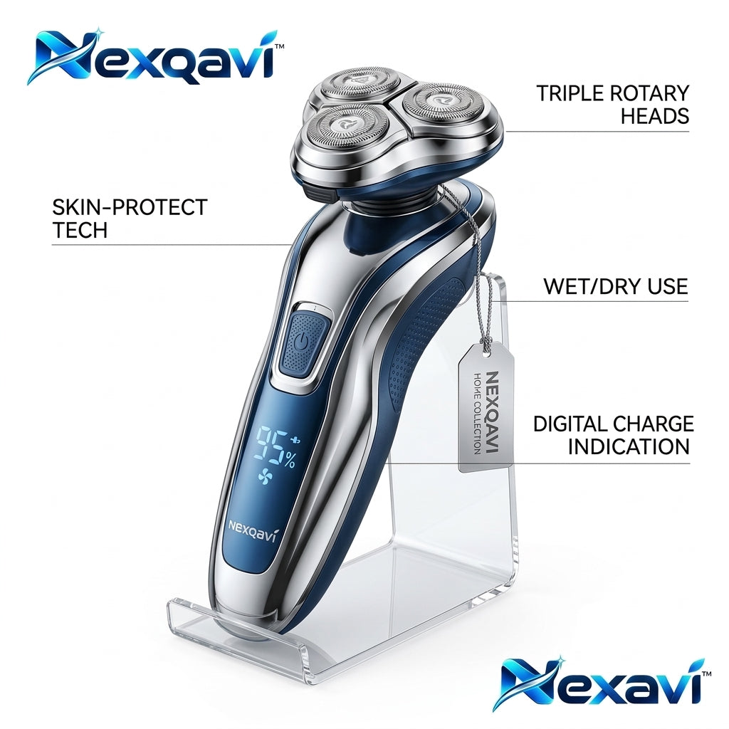 Nexqavi™ Electric Shaver for Men – Triple Rotary Head Cordless Razor with Skin-Protect Tech, Wet & Dry Waterproof Grooming, Smart Digital LED Battery Display & Acrylic Stand