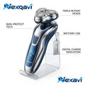 Nexqavi™ Electric Shaver for Men – Triple Rotary Head Cordless Razor with Skin-Protect Tech, Wet & Dry Waterproof Grooming, Smart Digital LED Battery Display & Acrylic Stand