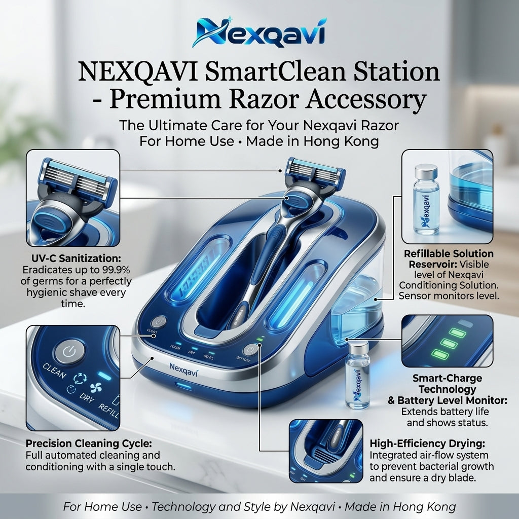 Nexqavi™ SmartClean Station – All-in-One Razor Sanitizer, Auto-Cleaning & Quick Drying Dock with UV-C Sterilization, Refillable Reservoir & Smart-Charge Technology for Modern Shaving Razors