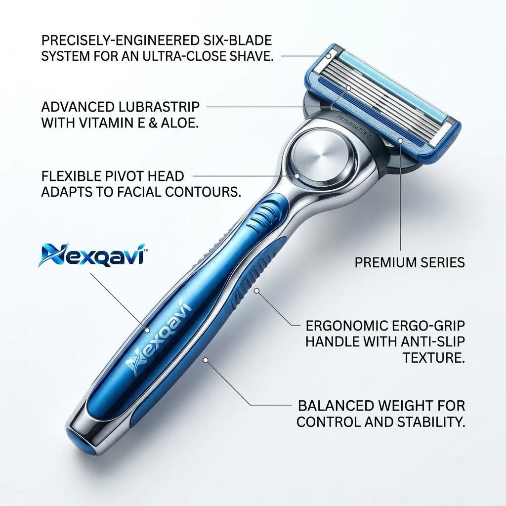 Nexqavi™ 5-Blade Men's Shaving Razor – Precision Pivoting Head & Ergonomic Non-Slip Weighted Chrome Handle with Lubricating Moisture Strip, Premium Manual Razor for a Smooth, Close Shave
