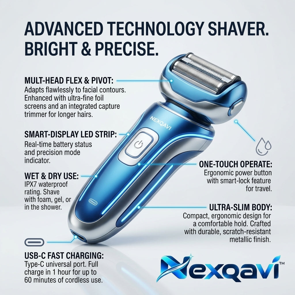 Nexqavi™ Men’s Electric Foil Shaver – 4-Blade Wet & Dry Cordless Razor with Integrated Precision LED Illumination, Flexible Floating Head, IPX7 Waterproof Rechargeable Grooming Kit (Metallic Blue)